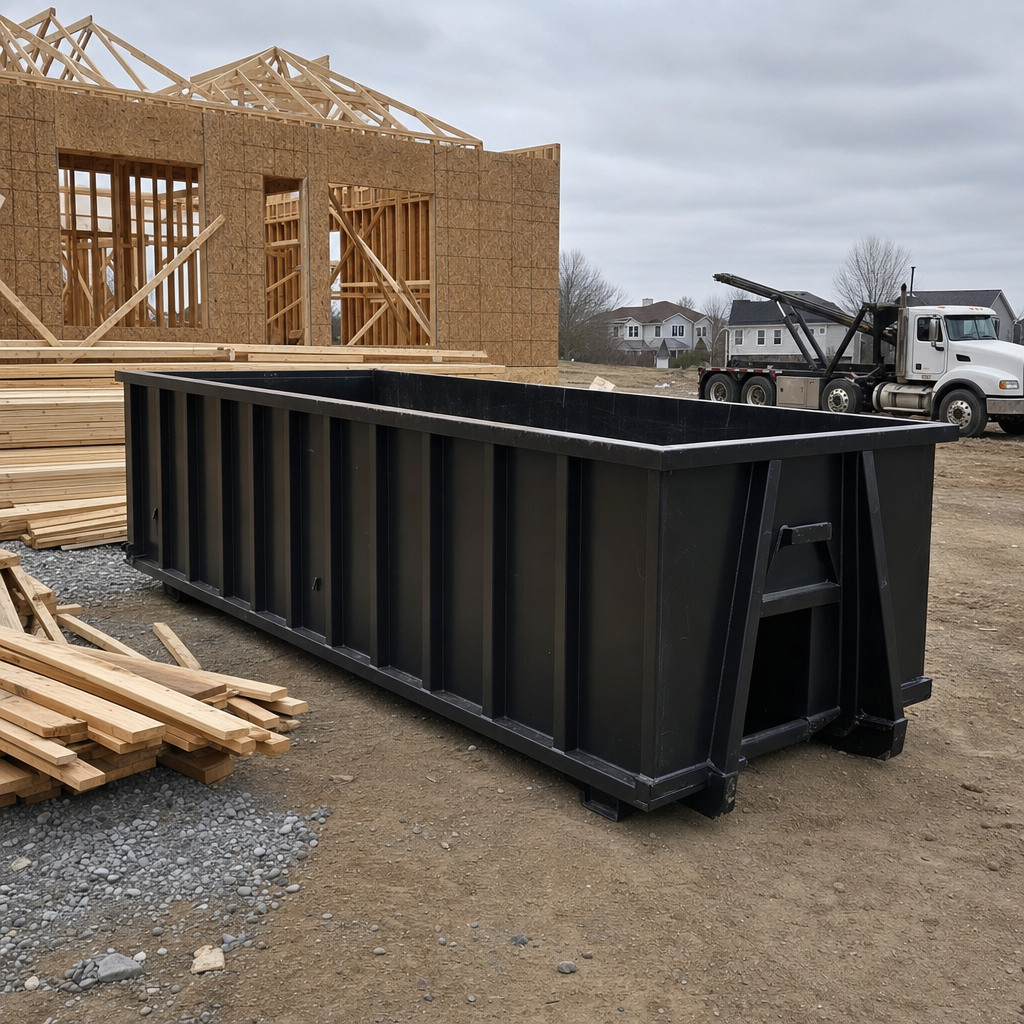 Matte-black 40-yard roll-off dumpster staged on a framed-out residential construction site in Salem, framing lumber stacked nearby, hooklift delivery truck visible in the background under bright Colorado daylight