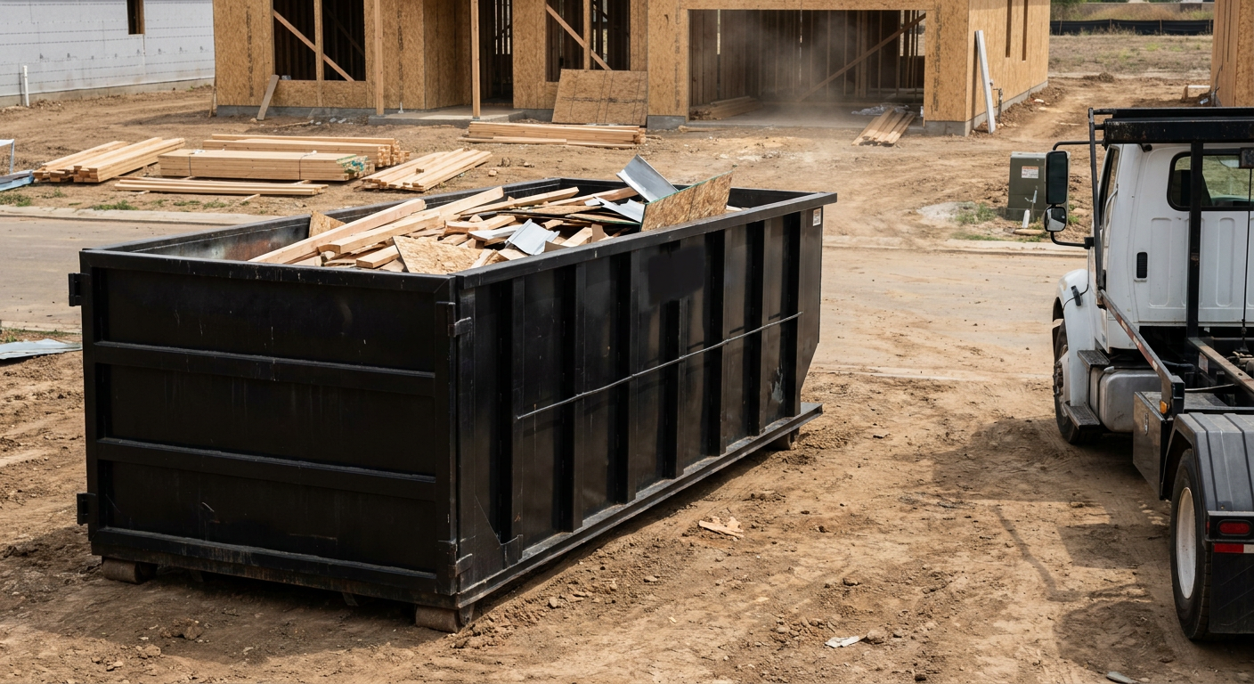 Matte-black 20-yard roll-off construction dumpster with heavy ribbed steel sidewalls and swing rear doors at a working jobsite in Salem, sitting directly on compacted dirt with an unmarked white hauler partially visible at the far edge of the frame.