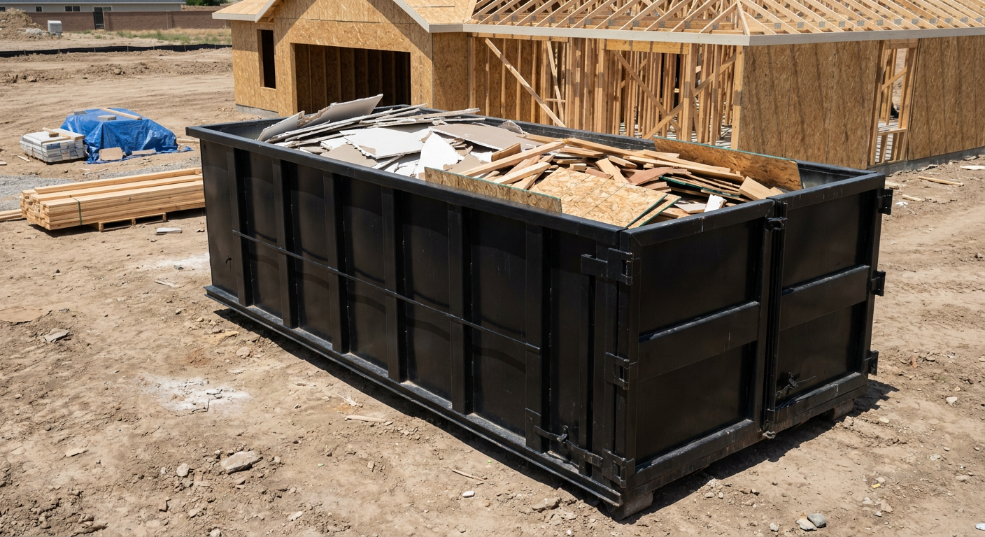 Matte-black 30-yard roll-off construction dumpster sitting directly on the compacted-dirt site of a framed single-family home build in Salem, drywall and lumber scrap loaded inside.