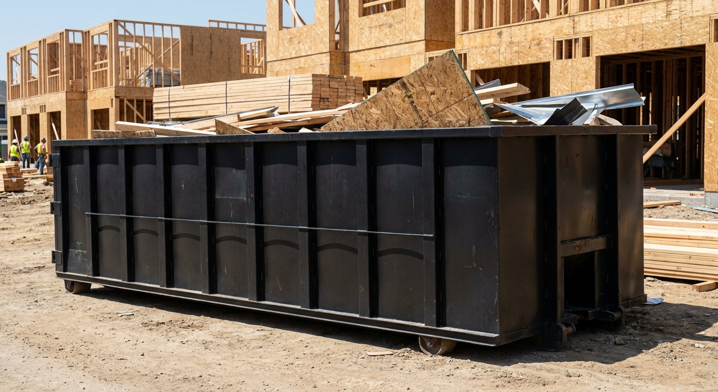 Matte-black 40-yard roll-off construction dumpster being lowered from a white-cab hooklift delivery truck onto the compacted-dirt jobsite at a commercial build site in Salem