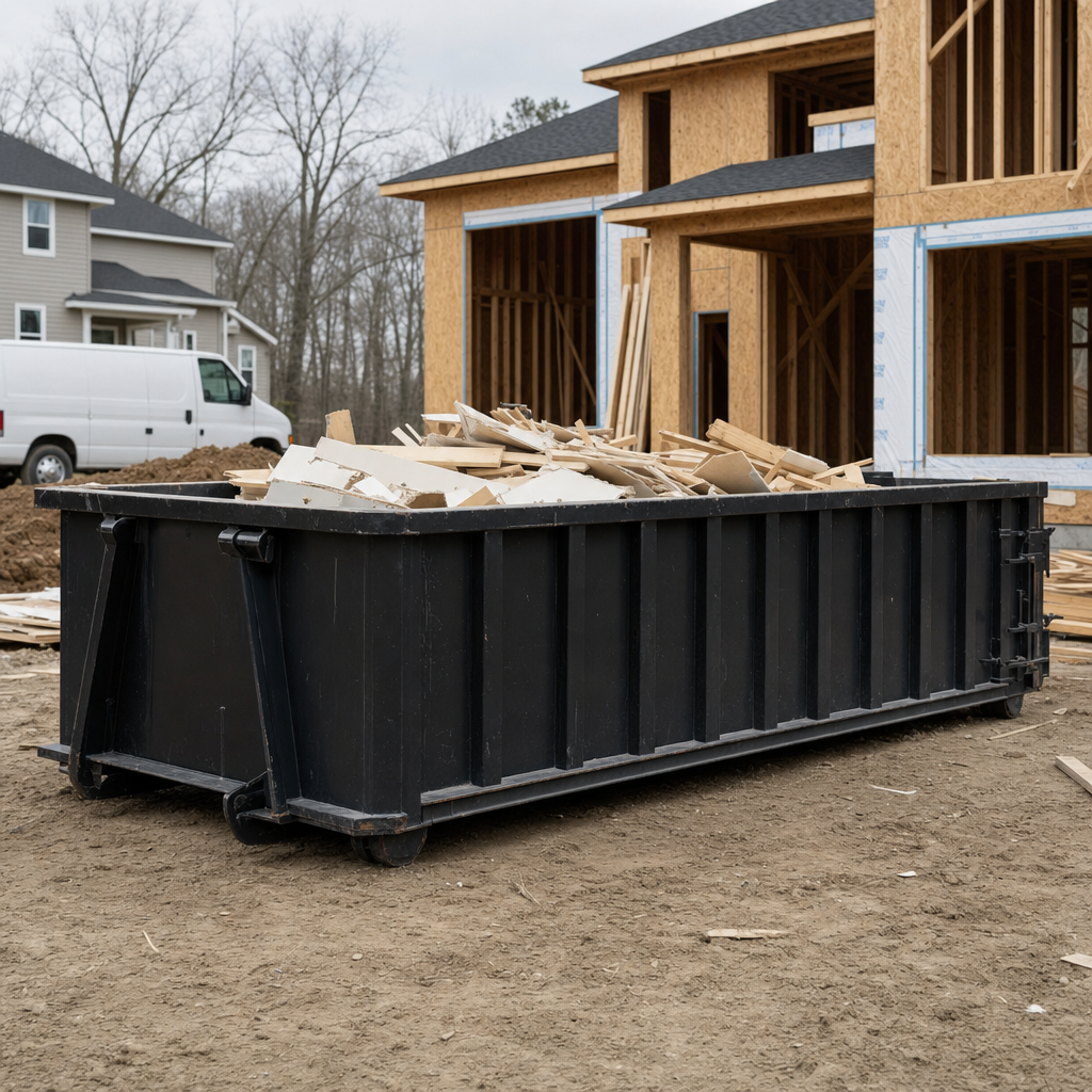 Worker in a yellow high-visibility vest tossing framing lumber and broken drywall into a matte-black 30-yard construction roll-off dumpster on an active build site in Salem, bright daylight