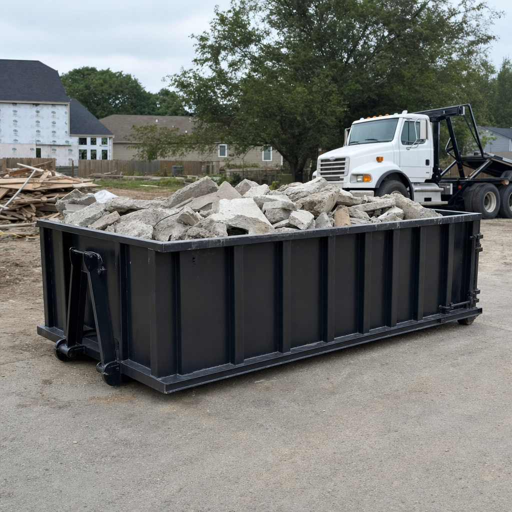 Low-profile matte-black lowboy roll-off dumpster loaded with broken concrete slab and rebar at a foundation tear-out in Salem, skid steer parked beside it, sunny Colorado morning