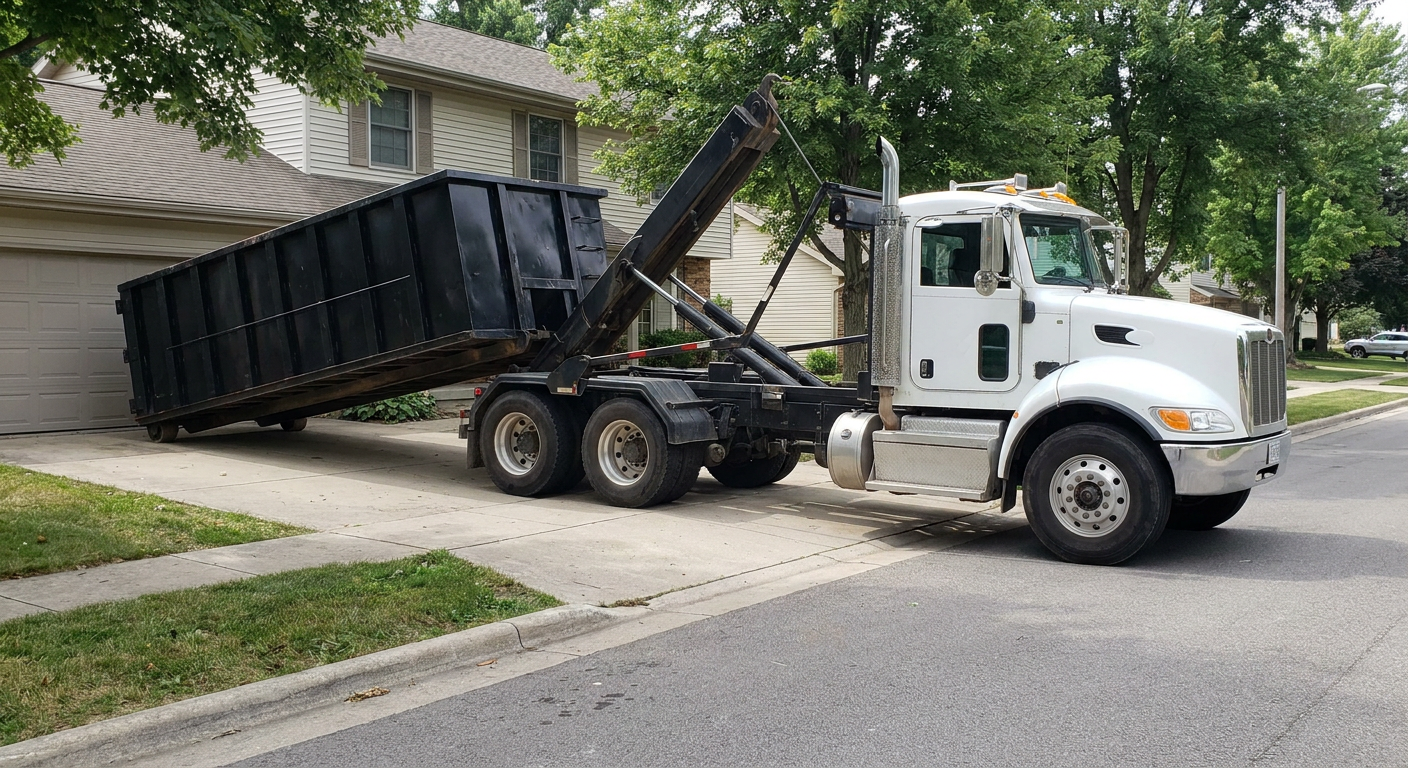 White-cab hooklift roll-off truck actively lowering a matte-black dumpster onto a Salem residential concrete driveway, the dumpster's rear wheels touching the driveway as the hoist arm tilts the bed forward, mid-morning daylight.