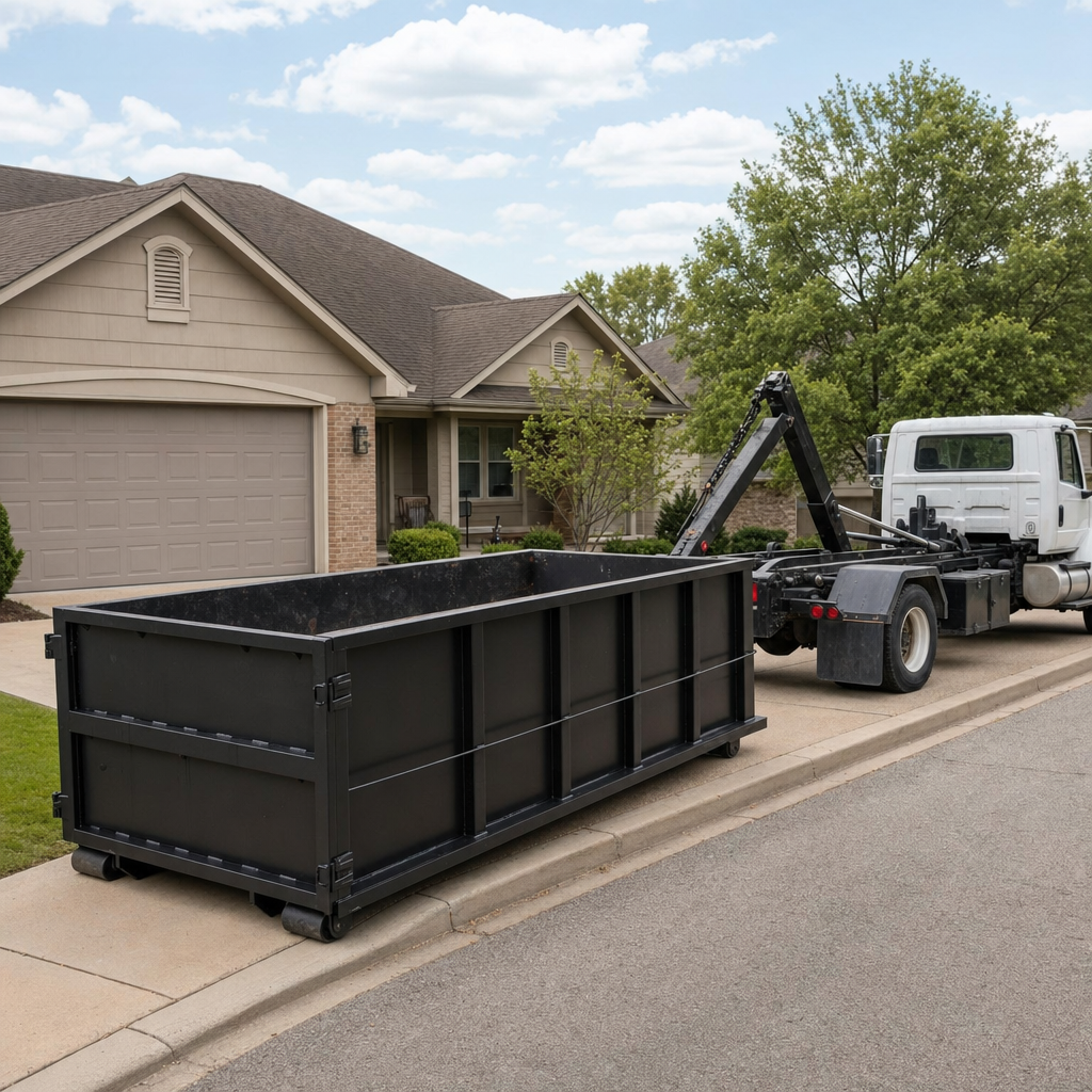 Wide documentary shot of a matte-black roll-off dumpster on a Salem residential driveway in the foreground and a contractor jobsite container in the soft-focus background, bright daylight, calm and orderly composition.