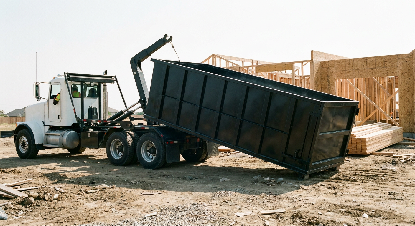 Matte-black roll-off dumpster being delivered onto a clean residential concrete driveway in Salem by an unmarked white hooklift hauler truck, bright morning daylight, documentary 35mm perspective.
