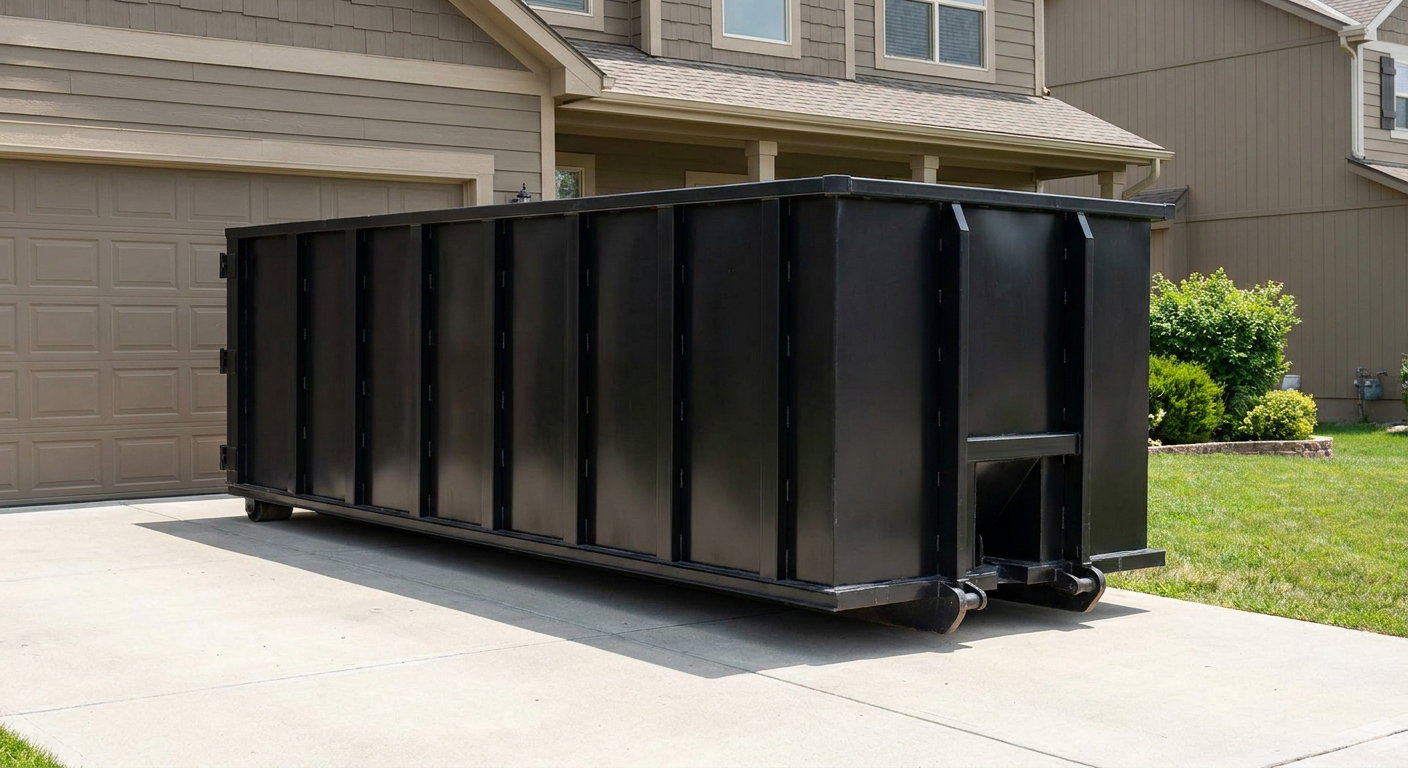 Matte-black residential roll-off dumpster sitting directly on a suburban Salem concrete driveway, garage door closed, single-family home in background, bright morning daylight.