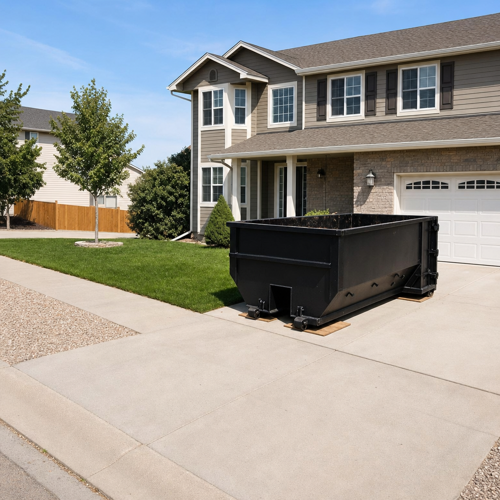 10-yard matte-black residential dumpster placed directly on a narrow Salem concrete driveway, room remains for a parked sedan beside it, mid-morning natural light