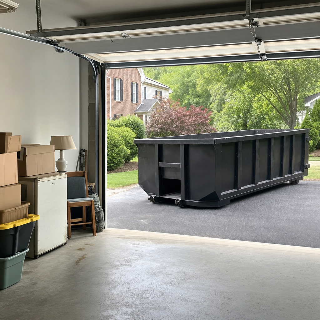 Open garage interior in a Salem home mid-cleanout — boxed items, an old appliance, and stacked yard tools queued near the driveway for a matte-black roll-off dumpster, organized and calm