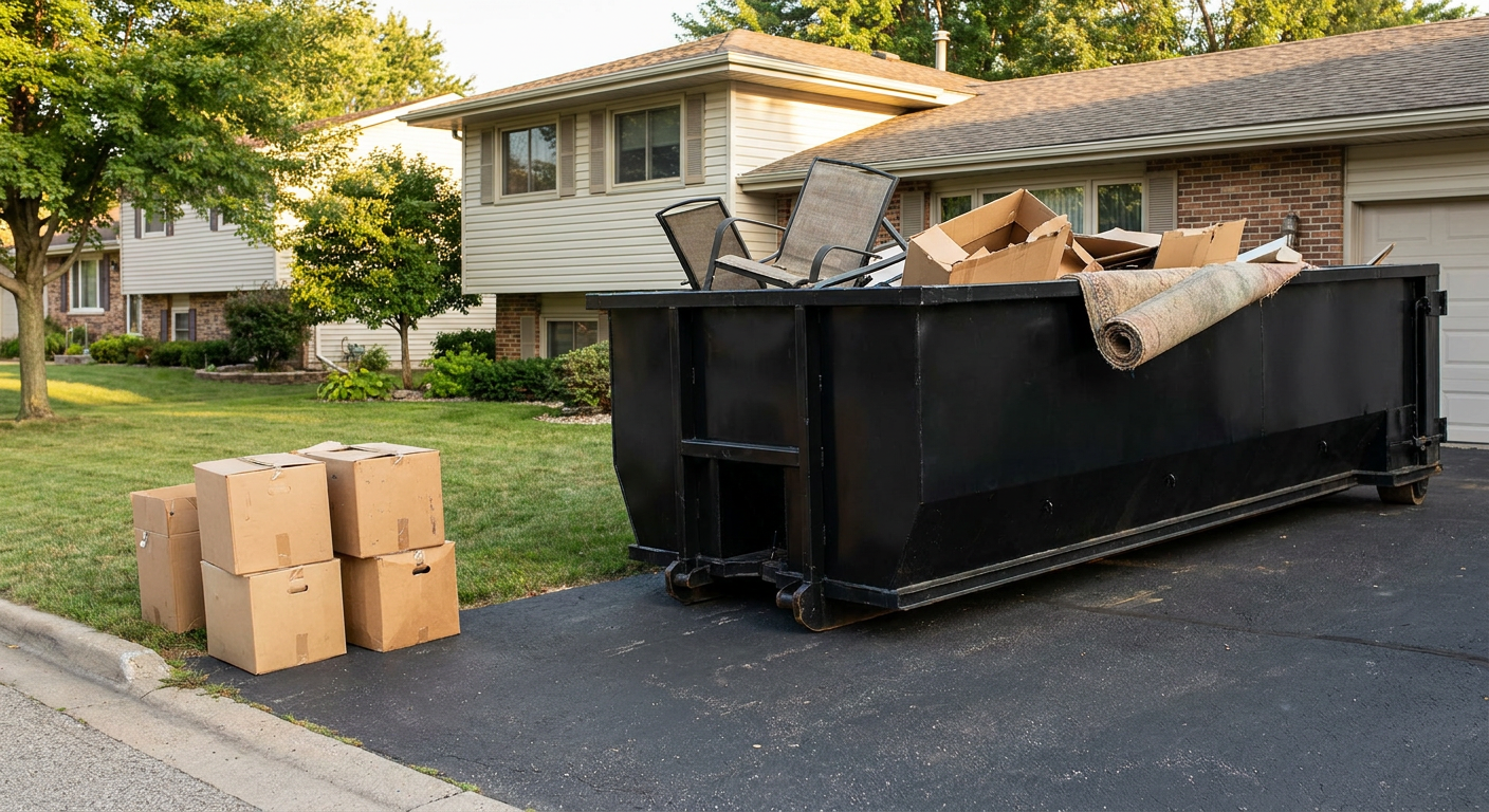 Front-yard view of a Salem split-level home with a 20-yard matte-black roll-off dumpster sitting directly on the asphalt driveway, a few clearly labeled donation boxes staged at the curb, calm sunny afternoon.