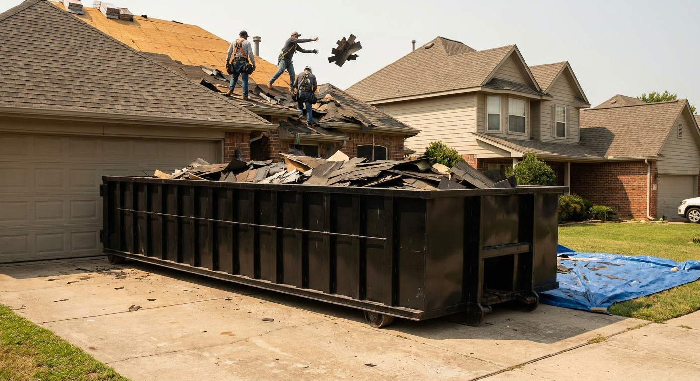 Matte-black roofing roll-off dumpster placed directly on a Salem residential concrete driveway, a tear-off crew on a two-story asphalt-shingle roof tossing shingle bundles into the low-walled container, bright daylight, documentary 35mm perspective.