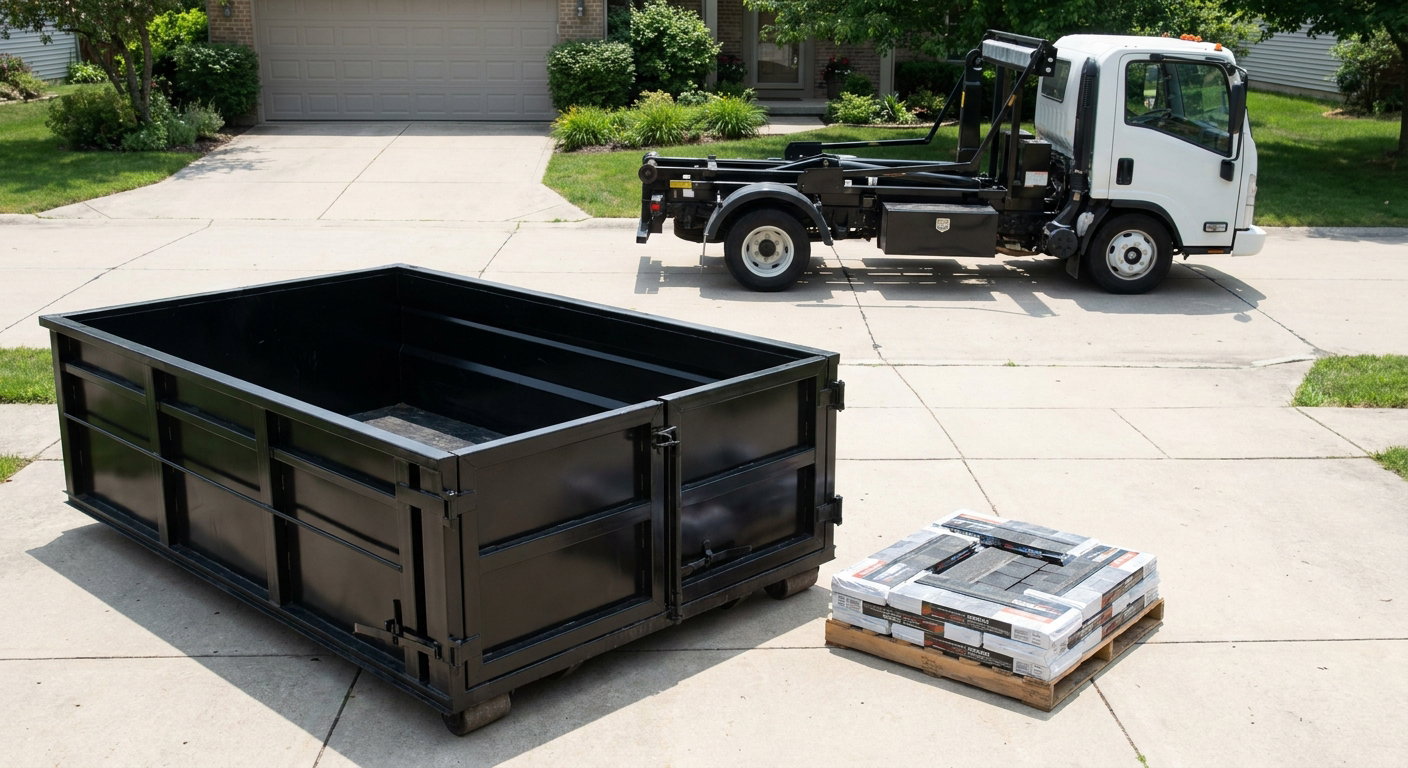 Matte-black 15-yard roofing roll-off dumpster with reinforced low side walls sitting directly on a Salem residential concrete driveway, three-tab asphalt shingle bundles stacked nearby, an unmarked white hauler truck partially visible at the edge of the frame.
