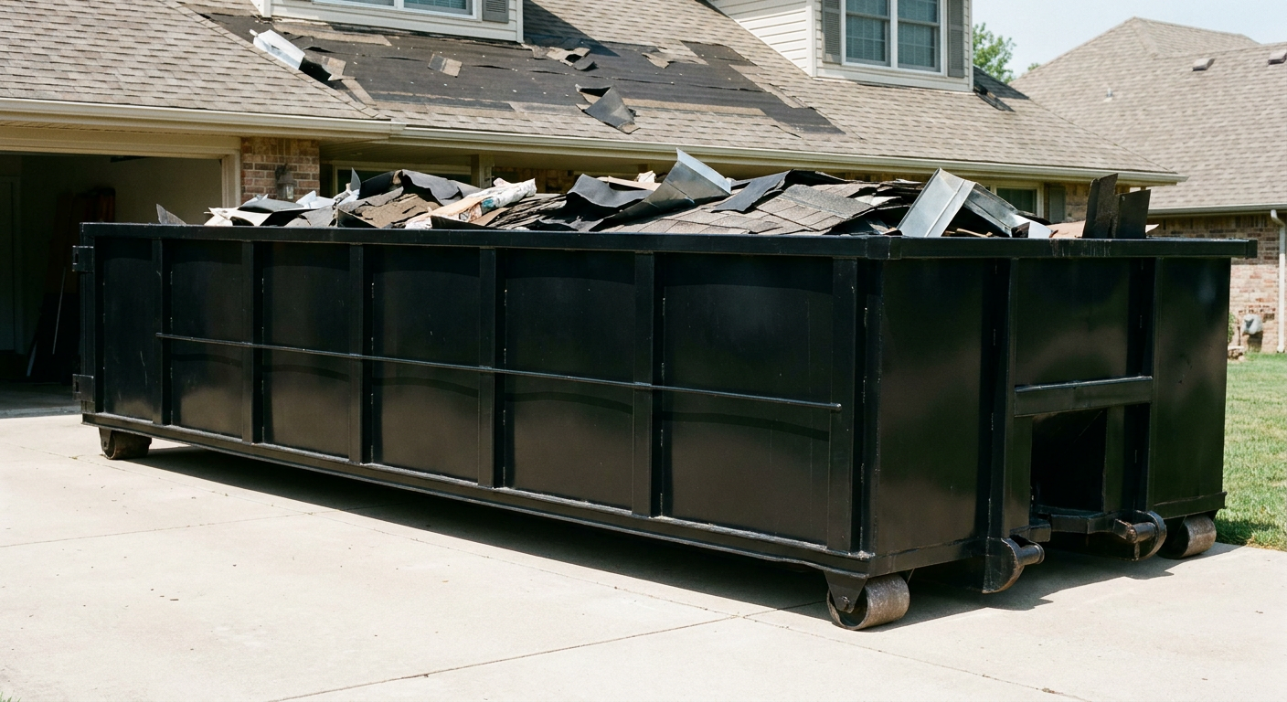 Matte-black 20-yard roofing roll-off dumpster with steel ribbed sides and swinging rear door, sitting directly on the concrete driveway of a two-story Salem home, asphalt shingle debris being loaded over the low wall, clean documentary lighting.