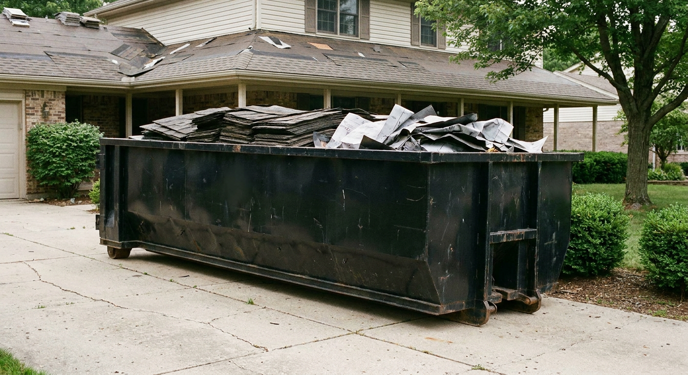 Matte-black 30-yard roofing roll-off dumpster sitting directly on a Salem concrete driveway, taller ribbed steel side panels, mixed tear-off debris of asphalt shingles and underlayment inside, professional documentary daylight.