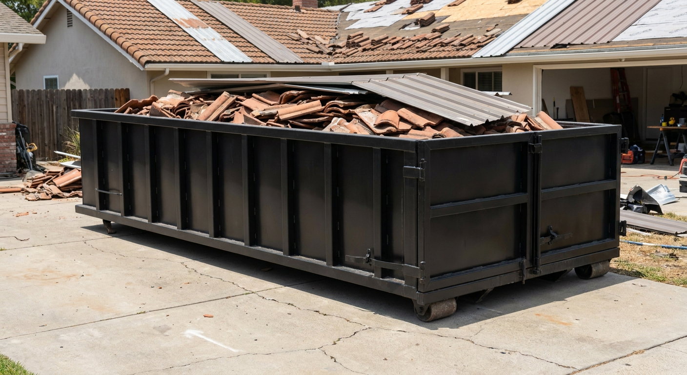 Matte-black low-wall heavy-debris roofing roll-off dumpster sitting directly on a Salem concrete driveway, broken concrete clay roof tiles and metal panel sections loaded inside, reinforced ribbed steel side walls visible, bright outdoor daylight.