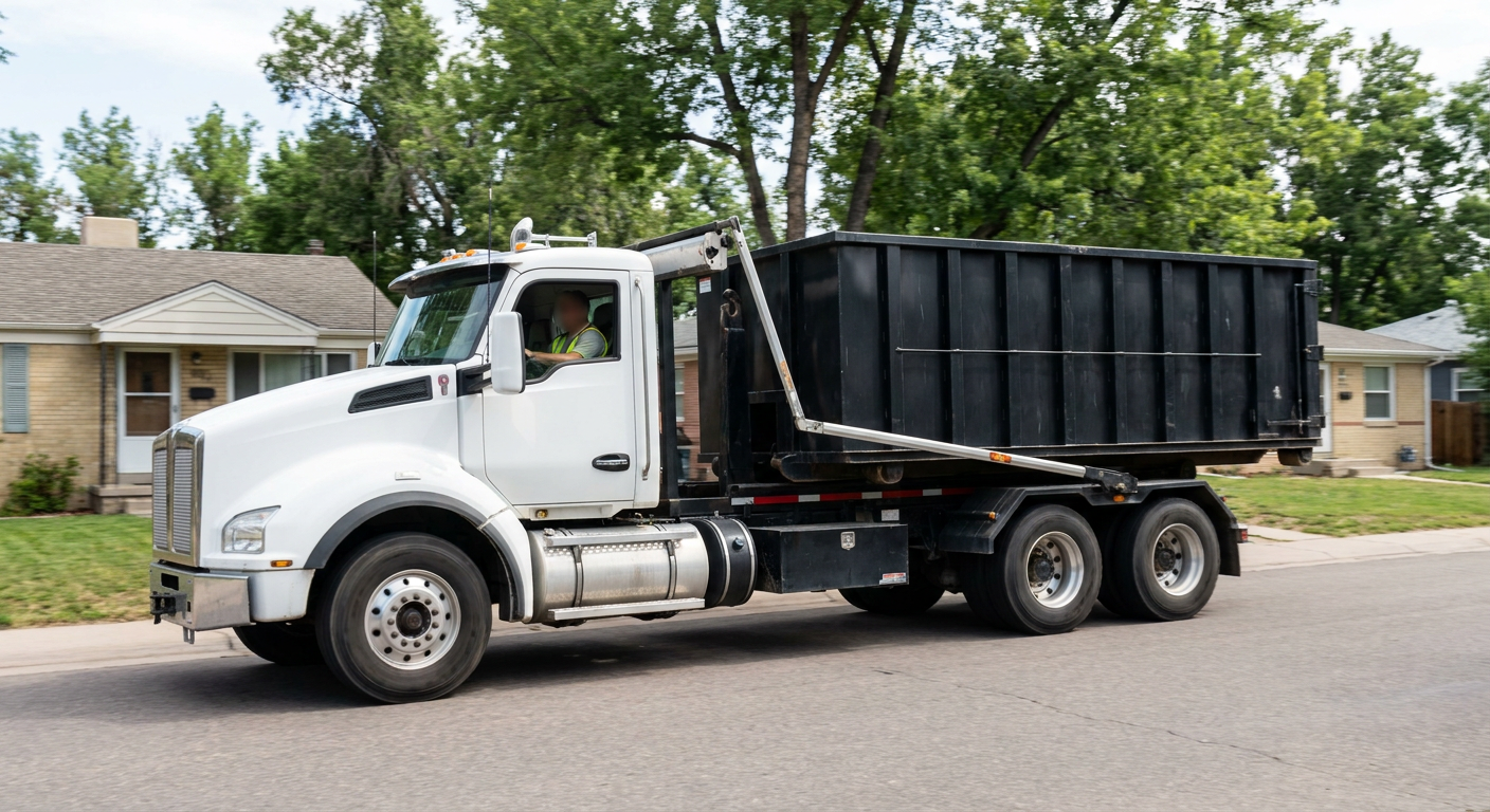 A wide documentary shot of a matte-black roll-off delivery truck pulling onto a quiet Salem residential street at mid-morning, with neighborhood rooftops and tree-lined blocks visible behind, showing the metro coverage footprint.