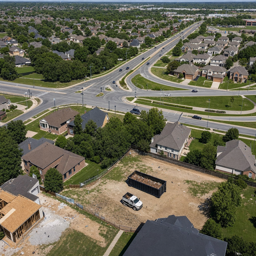 An overhead documentary view of the Salem metro area at midday, showing the spread of neighborhoods, arterial roads, and the dispatch radius from a central yard — clean daylight, organized geographic layout.