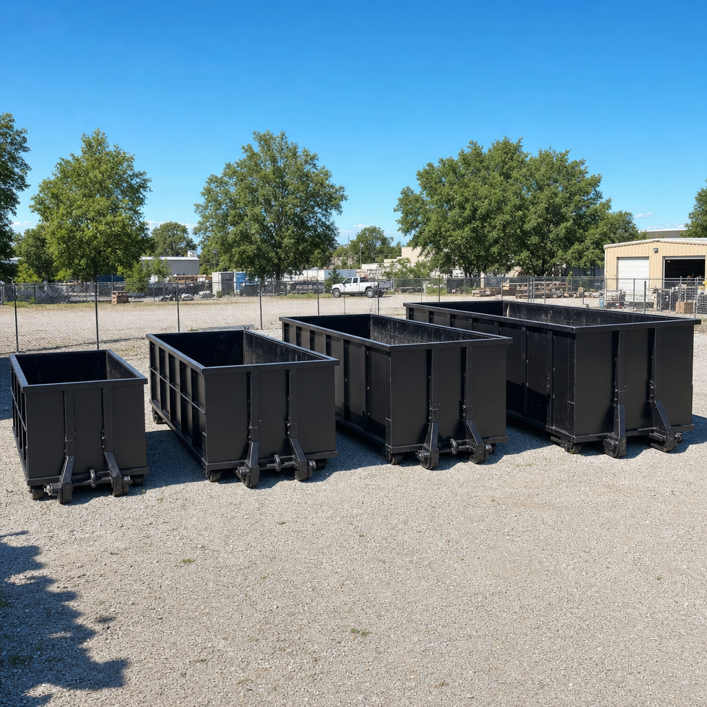 A clean lineup of matte-black roll-off dumpsters in 10, 20, 30, and 40-yard sizes staged on a sunlit gravel yard in Salem, showing the size progression from compact to commercial-scale containers.
