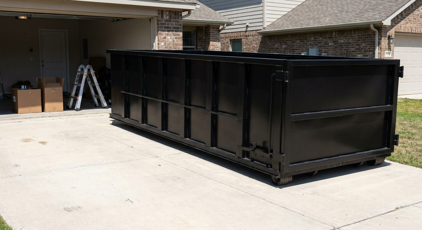 A matte-black 10-yard roll-off dumpster sitting directly on a residential Salem concrete driveway, mid-day sunlight, clean and ready for a garage cleanout.