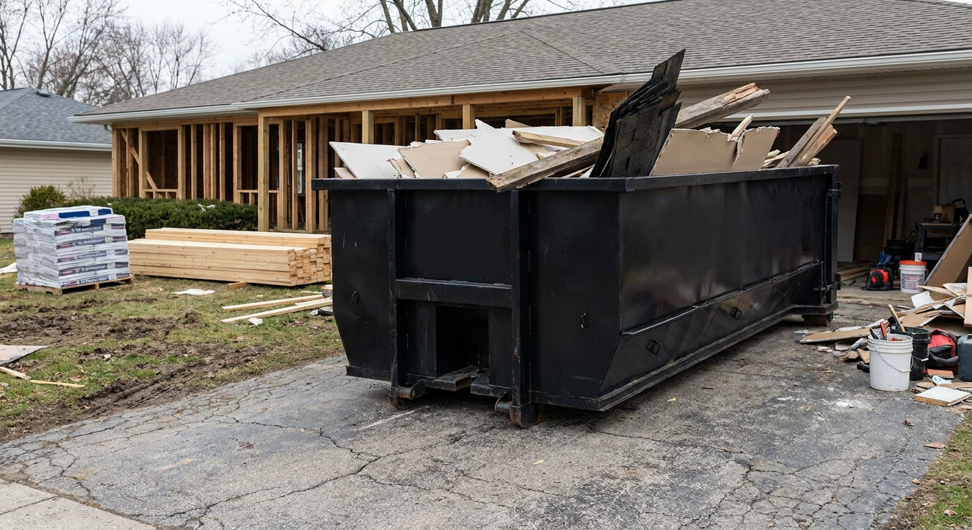 A matte-black 20-yard roll-off dumpster placed alongside a mid-renovation Salem home directly on the asphalt driveway, with framing materials and torn-off shingles staged neatly nearby.