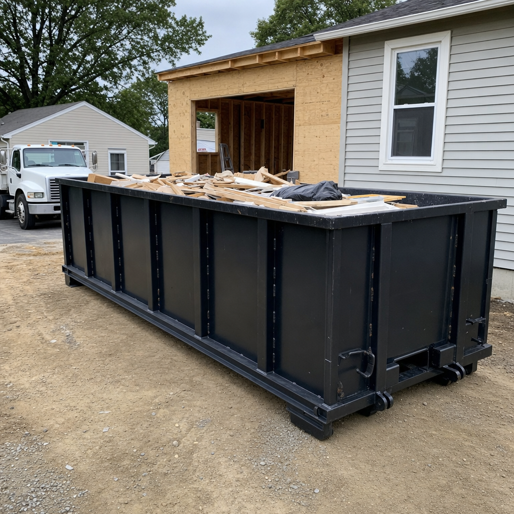 A matte-black 30-yard roll-off dumpster positioned at a Salem residential addition jobsite, with framing lumber and drywall scraps loaded through the open swinging rear doors.