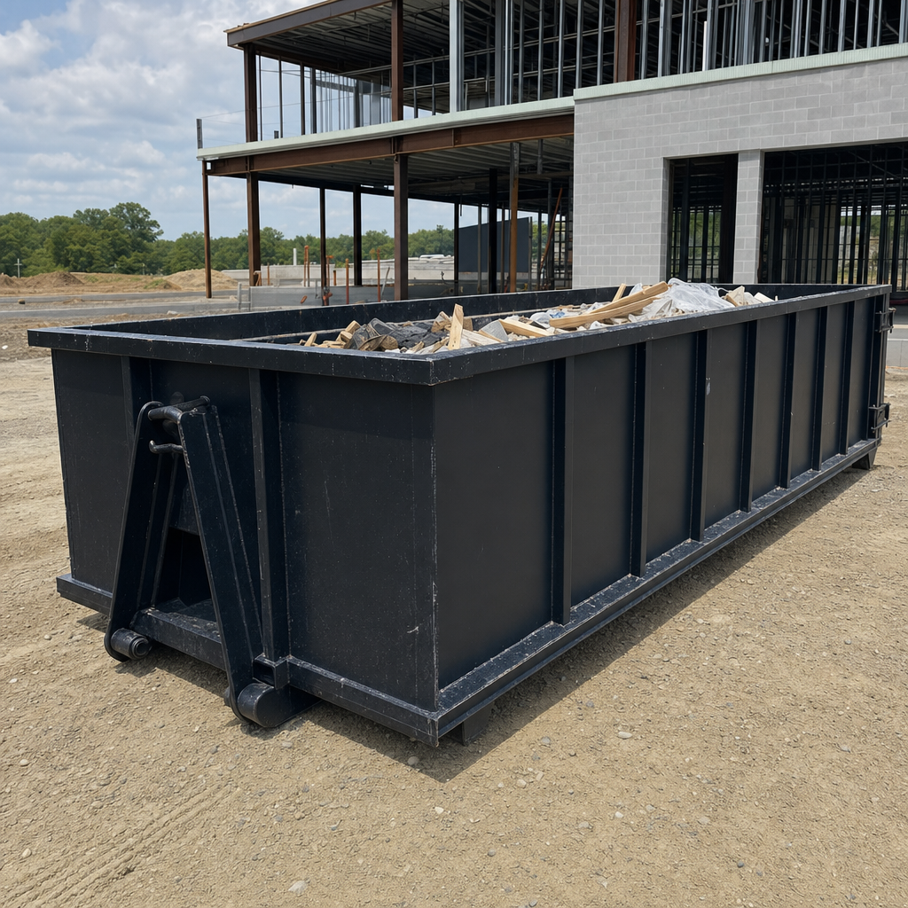 A matte-black 40-yard roll-off dumpster staged on a large Salem commercial construction lot, with a hooklift delivery truck parked alongside under bright midday sky.