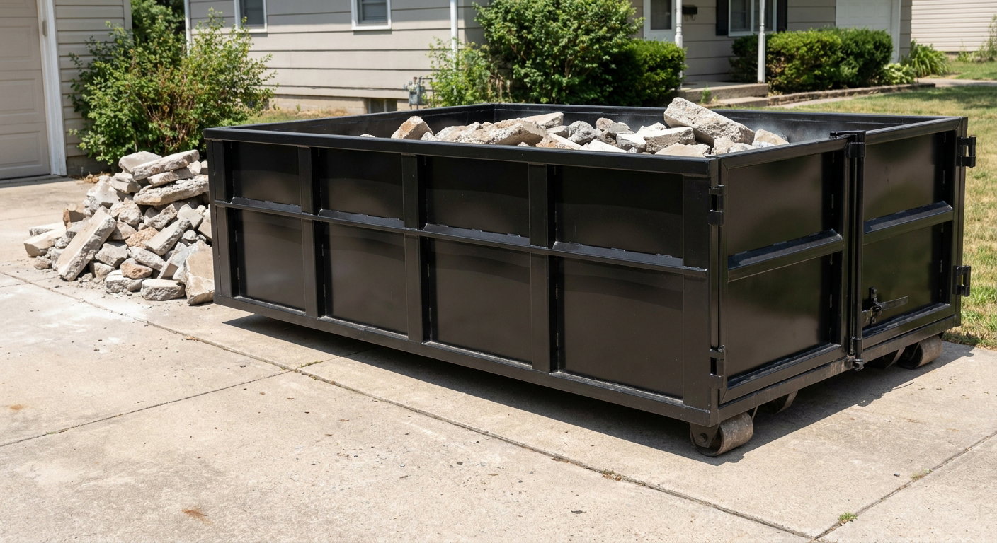 A matte-black low-side heavy-debris roll-off dumpster placed directly on a Salem concrete driveway, with broken concrete chunks neatly stacked beside it under clean daylight.